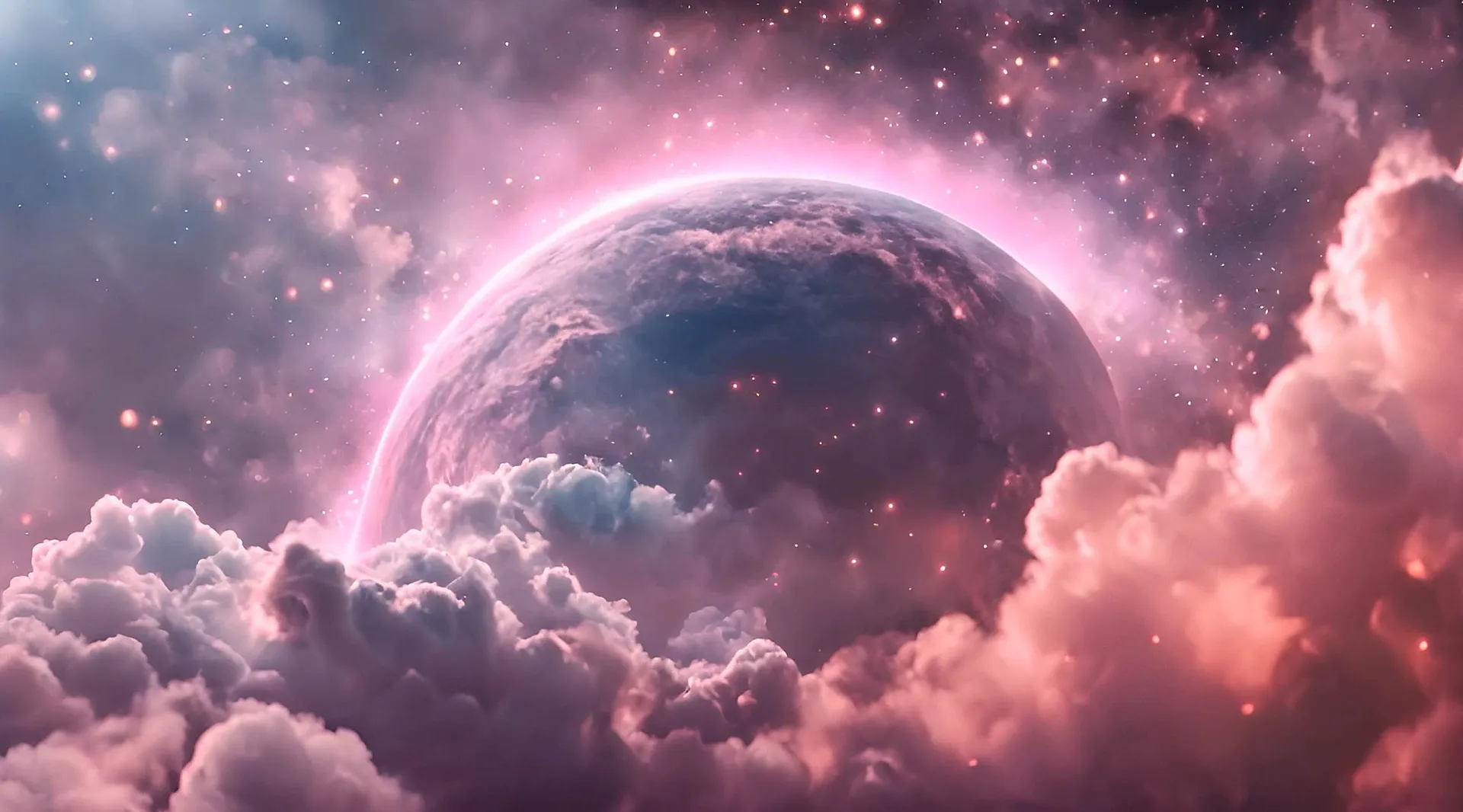 Surreal Space Scene with Celestial Body and Nebulous Clouds